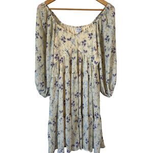 Polagram Babydoll Tiered Floral Dress M Chiffon Sheer Long Sleeve Boho Peasant
